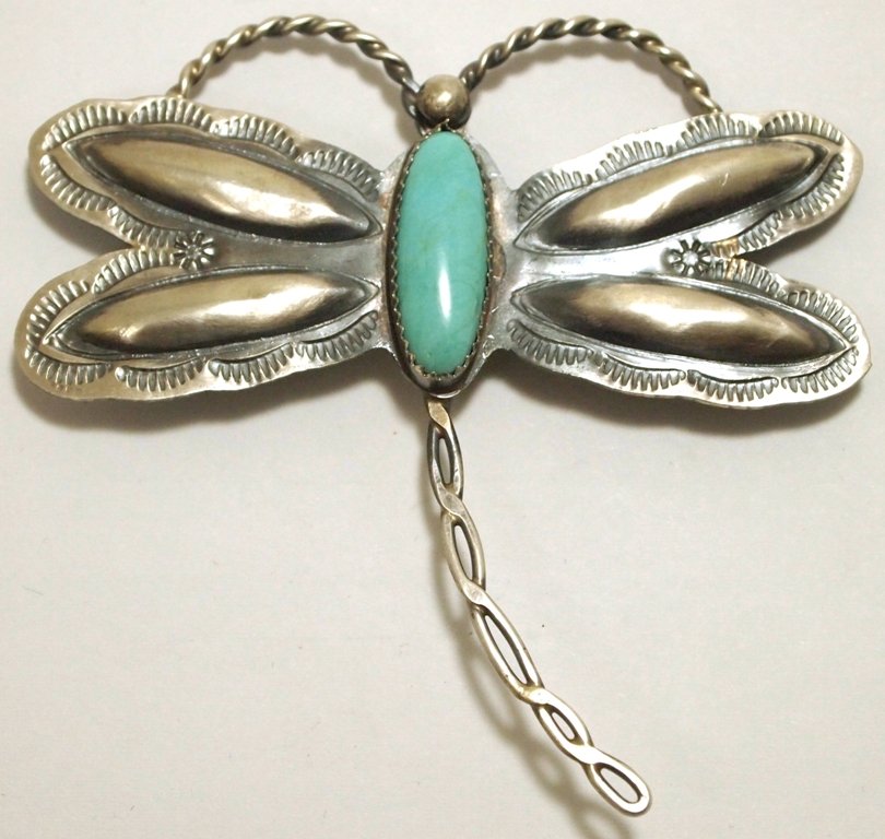 Navajo Turquoise Sterling Silver Dragonfly Pin - Tim Ya: Navajo Turquoise Sterling Silver Dragonfly Pin - Tim Yazzie Measures 2-7/8 tall by 2-7/8" wide. Pin on back measures 1-3/4". Weight: 12.3g SKU: pp0836"