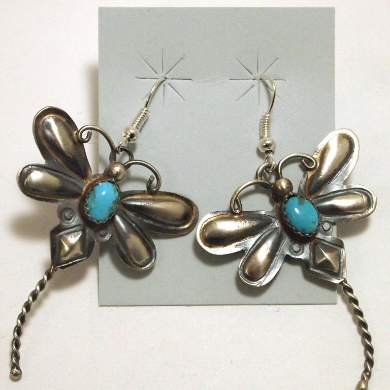 Navajo Turquoise Sterling Silver Dragonfly French Hook : Navajo Turquoise Sterling Silver Dragonfly French Hook Earrings - Tim Yazzie Measure 2-1/4 tall by 1-1/4" wide. Weight: 6.4g SKU: ea0500"
