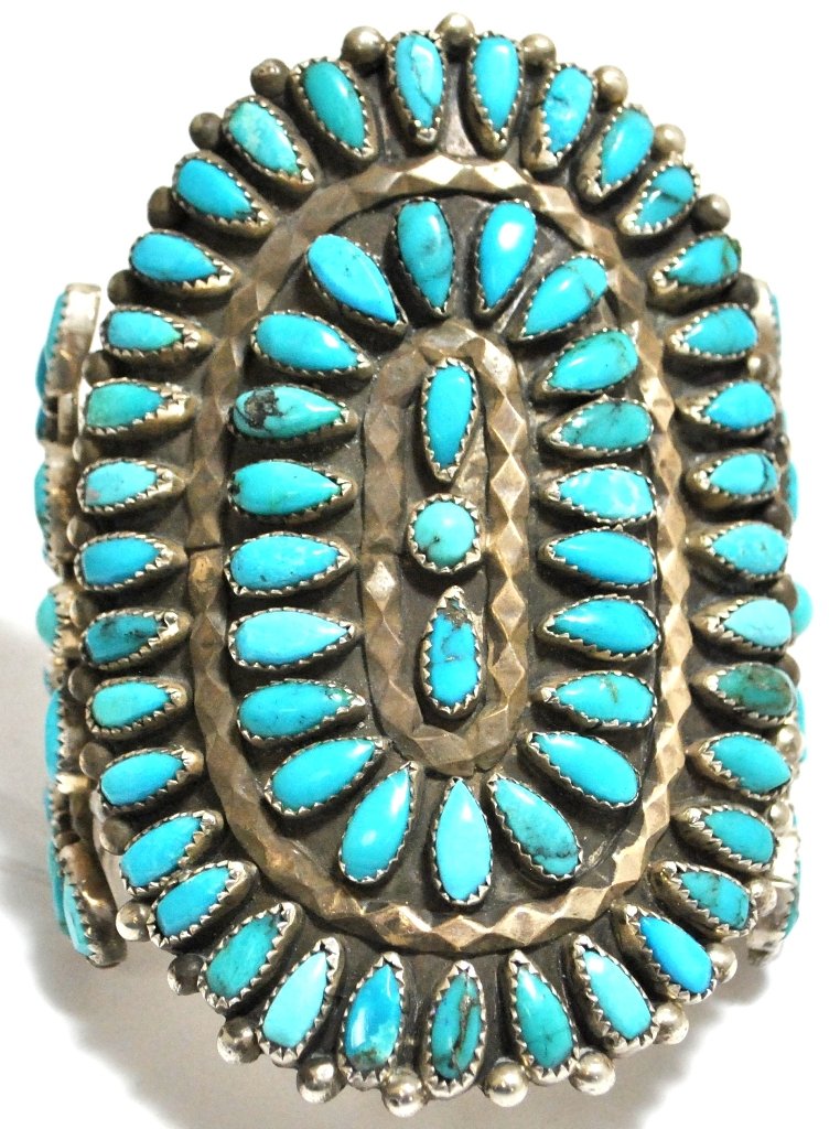 Old Pawn Turquoise Needlepoint Sterling Silver Cuff Bra: Old Pawn Turquoise Needlepoint Sterling Silver Cuff Bracelet Measures 5-1/2 around with a 1-1/4" gap, 3-3/4" wide. Weight: 115.6g SKU: br0912"