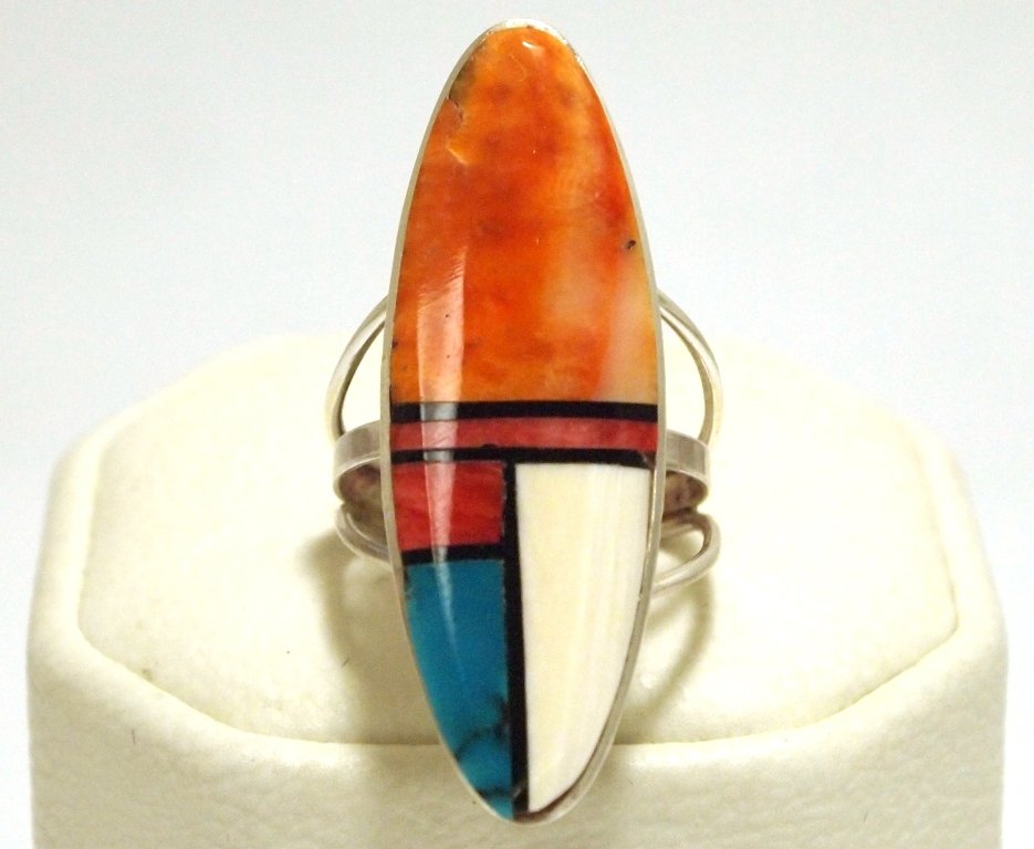 Navajo Multi-Stone Inlay Sterling Silver Women's Ring -: Navajo Multi-Stone Inlay Sterling Silver Women's Ring - Harold Smith Face measures 1-1/2 tall by 1/2" wide. Band measures 1/8" wide, size: 7.25. Stones present: Spiny Oyster, Shell, Turquoise. Weight: