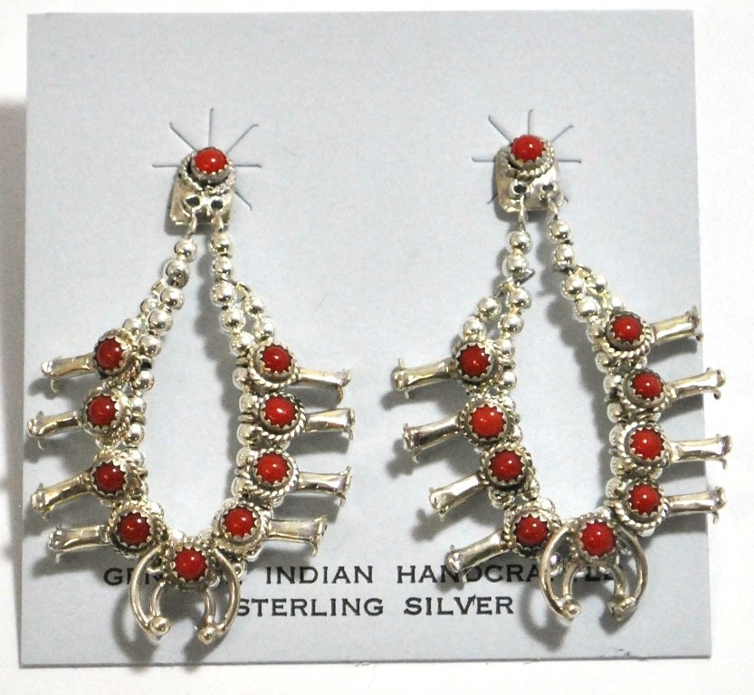 Navajo Coral Sterling Silver Squash Blossom Post Earrin: Navajo Coral Sterling Silver Squash Blossom Post Earrings - Larry Curley Measure 1-3/4 tall by 1-1/8" wide. Weight: 9.4g SKU: ea0220"