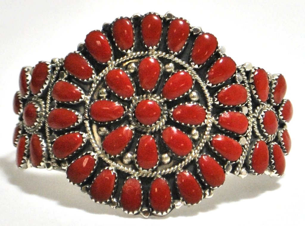 Navajo Coral Cluster Sterling Silver Cuff Bracelet - Ju: Navajo Coral Cluster Sterling Silver Cuff Bracelet - Juliana Williams Measures 5-1/4 around with a 1-1/4" gap, 2" wide. Weight: 30.3g SKU: br0552"