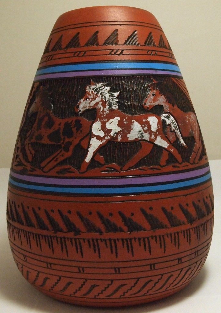 Navajo Etched & Painted Horses Pottery - Aaron Watchman: Navajo Etched & Painted Horses Pottery - Aaron Watchman Height: 9-1/2Opening Width: 2-7/8"Circumference: 24-1/4"Maximum Width: 7-1/4"Bottom Width: 5-1/4"Our shipping costs for pottery are $8.99 within