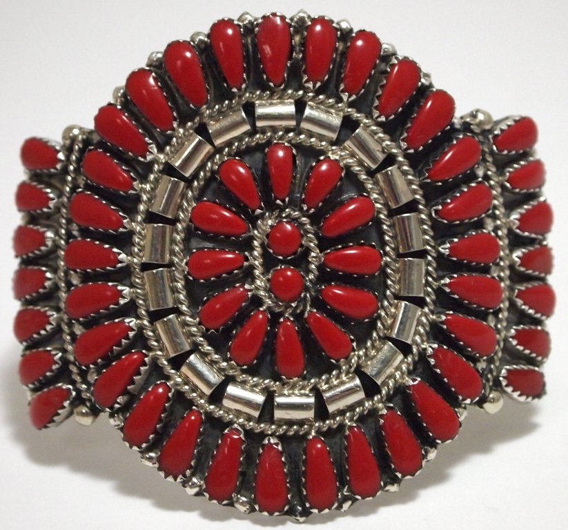 Navajo Coral Needlepoint Cluster Sterling Silver Cuff B: Navajo Coral Needlepoint Cluster Sterling Silver Cuff Bracelet - Juliana Williams Measures 5-1/4 around with a 1-1/2" gap, 2-1/4" wide. Weight: 32.2g SKU: br1223"