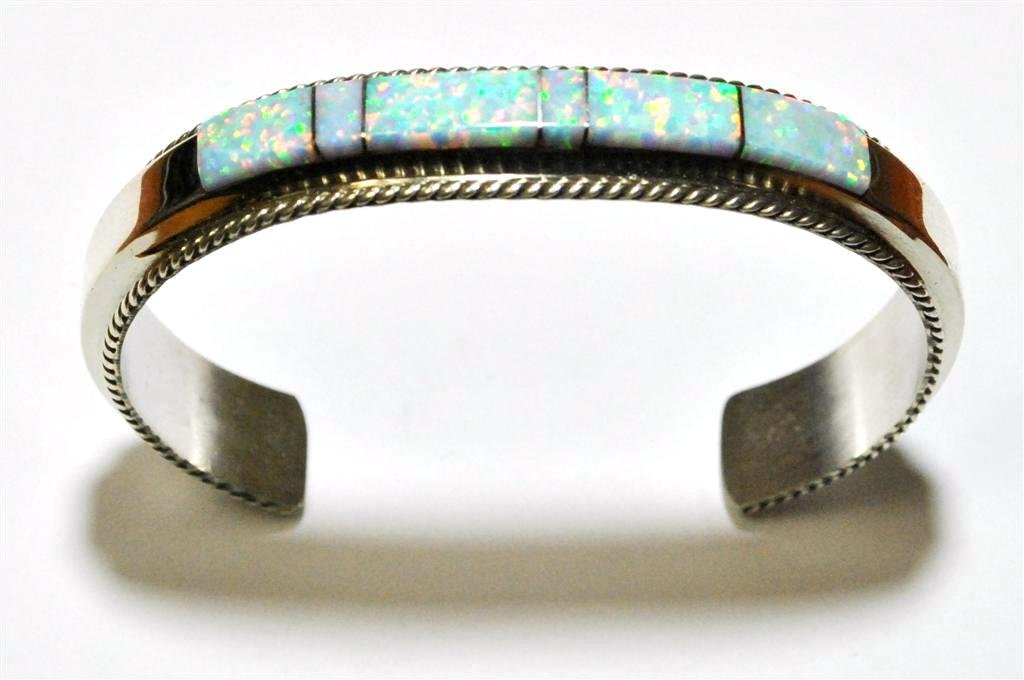 Navajo Opal Inlay Sterling Silver Cuff Bracelet - Fran : Navajo Opal Inlay Sterling Silver Cuff Bracelet - Fran Yazzie Measures 5-1/4 around with a 1-1/4" gap, 3/8" wide. Weight: 22.2g SKU: br0040"