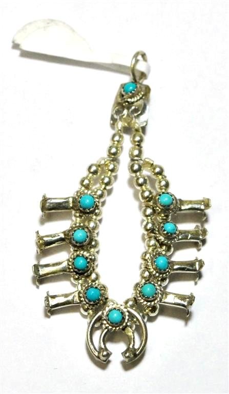 Navajo Turquoise Sterling Silver Squash Blossom Pendant: Navajo Turquoise Sterling Silver Squash Blossom Pendant - Larry Curley Measures 2-1/8 tall by 1-1/8" wide. SKU: pp0096"