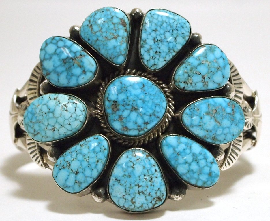 Navajo Spider Web Kingman Turquoise Sterling Silver Cuf: Navajo Spider Web Kingman Turquoise Sterling Silver Cuff Bracelet - Mary Ann Spencer Measures 5-5/8 around with a 1-1/4 gap, 2-1/8" wide. Weight: 85.1g SKU: br1296"