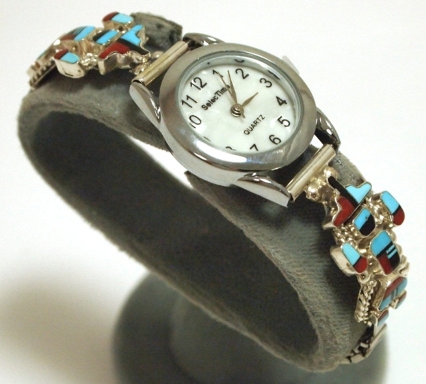 Zuni Multi-Stone Inlay Kachina Sterling Silver Women's : Zuni Multi-Stone Inlay Kachina Sterling Silver Women's Watch - Serena Johnson Measures 6-1/4 around (stretchable band at rest) by 5/16" wide (band), 9/16" wide (tips), 1" wide (face). Stones present: 