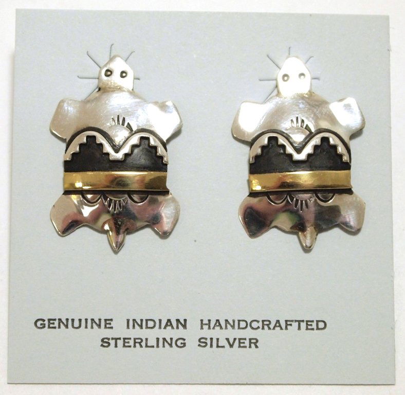 Navajo 12k Gold Fill over Sterling Silver Turtle Post E: Navajo 12k Gold Fill over Sterling Silver Turtle Post Earrings - Tommy Singer Measure 1-1/8 tall by 3/4" wide. Weight: 4g SKU: ea0641"