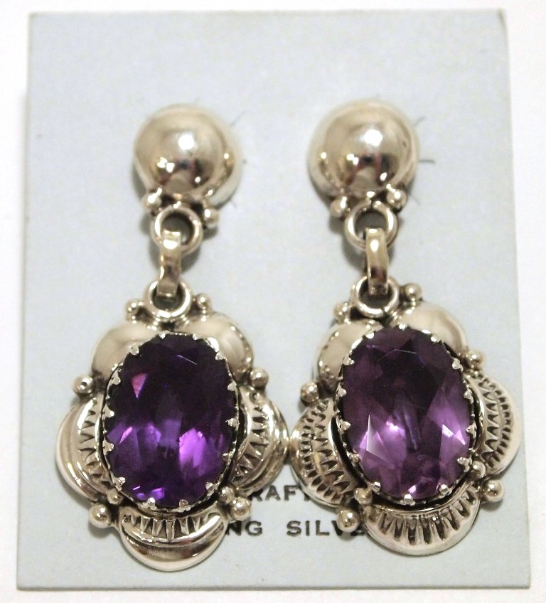 Navajo Amethyst Sterling Silver Post Earrings - Clem: Navajo Amethyst Sterling Silver Post Earrings - Clem Nalwood Measure 1-1/2 tall by 3/4" wide. Weight: 8.6g SKU: ea0551"