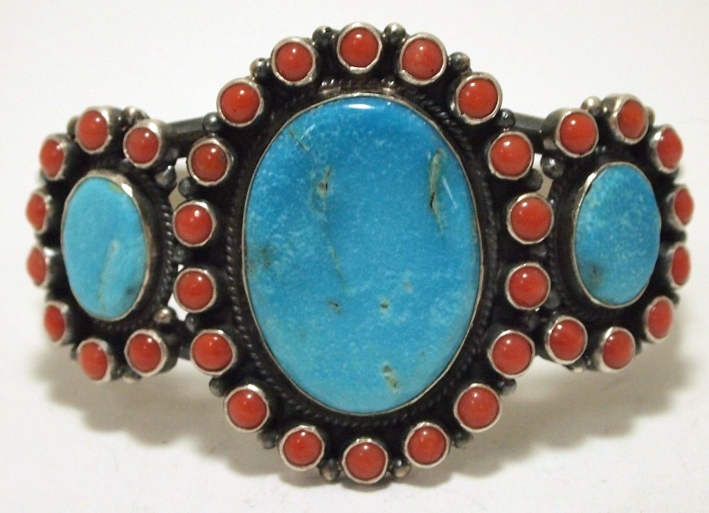 Navajo Coral & Kingman Turquoise Sterling Silver Cuff: Navajo Coral & Kingman Turquoise Sterling Silver Cuff Bracelet - Dean Brown Measures 5-3/8 around with a 1-1/4" gap, 1-5/8" wide. Weight: 49.8g SKU: br1880"
