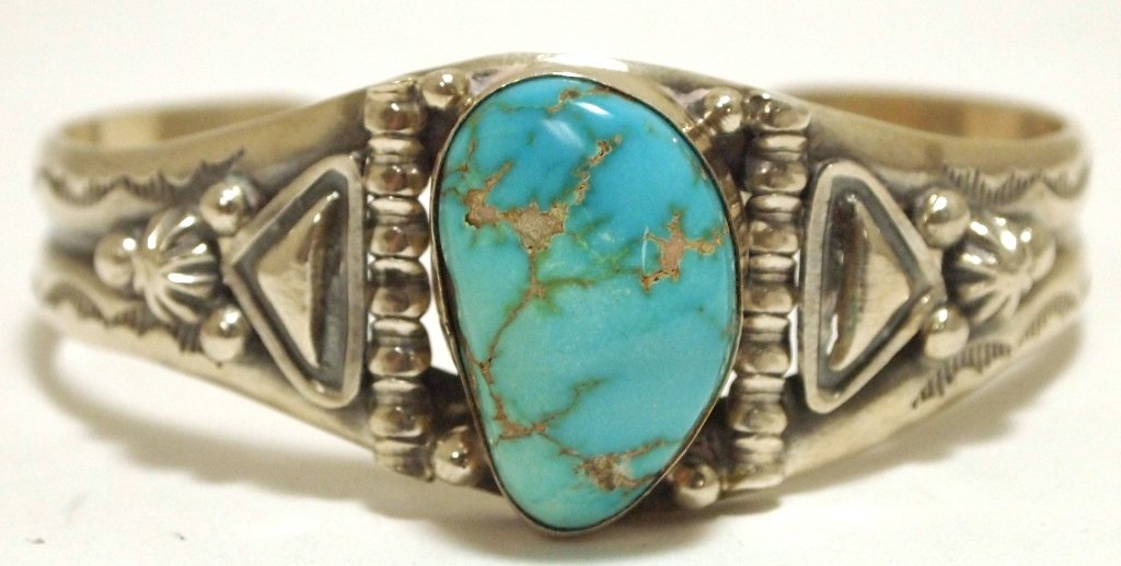 Old Pawn Navajo Pilot Mountain Turquoise Sterling: Old Pawn Navajo Pilot Mountain Turquoise Sterling Silver Cuff Bracelet - Lydia Begay Measures 5-1/2 around with a 7/8" gap, 1" wide. Weight: 33.1g SKU: br1624"