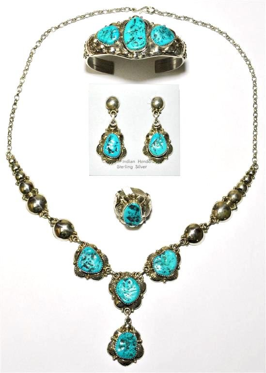 Navajo Sleeping Beauty Turquoise 4-Piece Set - Clem: Navajo Sleeping Beauty Turquoise 4-Piece Set - Clem Nalwood Necklace: Measures 22 around. Weight: 39.0g. Earrings: Measure 1-7/8" tall by 7/8" wide. Bracelet: Measures 5-1/2" around with a 1