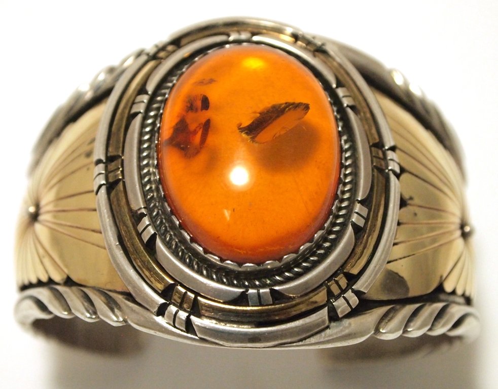 Old Pawn Navajo Amber 12k Gold Fill over Sterling: Old Pawn Navajo Amber 12k Gold Fill over Sterling Silver Cuff Bracelet - JW Toadlena Measures 5-5/8 around with a 1" gap, 1-7/8" wide. Stone measures 1-1/8" tall by 7/8" wide by 1/4" deep (extending p