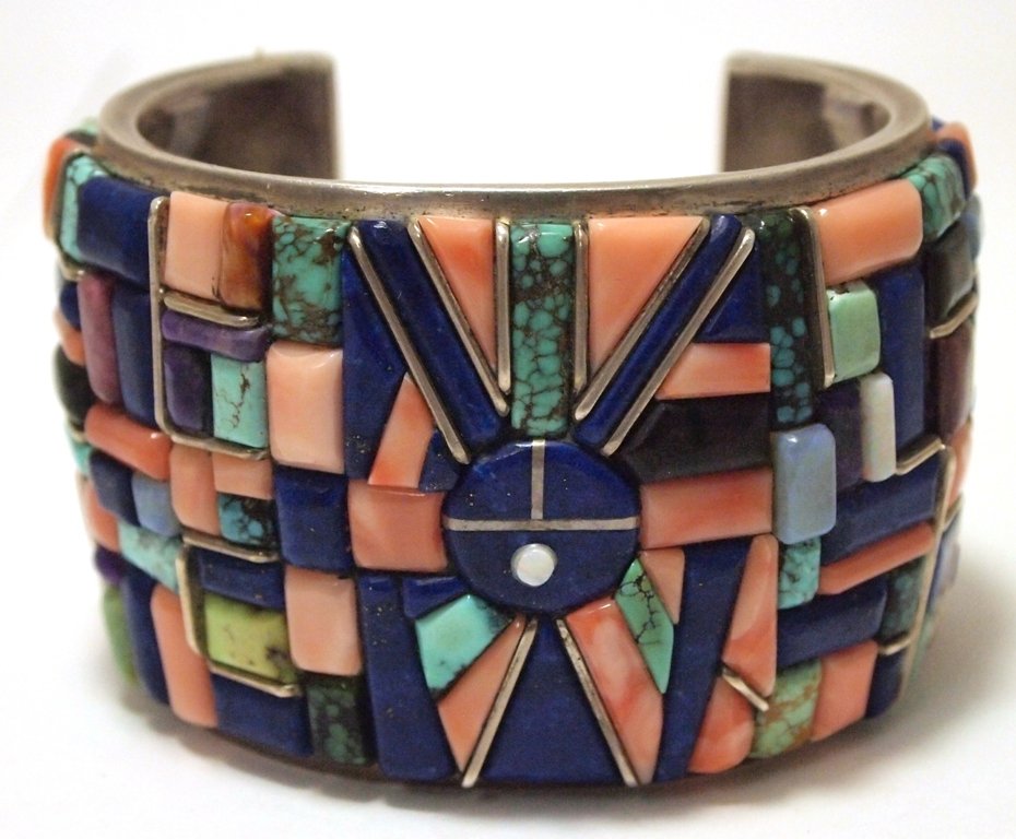 Vintage Old Pawn Navajo Multi-Stone Turquoise Inlay: Vintage Old Pawn Navajo Multi-Stone Turquoise Inlay Sterling Silver Cuff Bracelet - Wayne C Measures 5-3/4 around with a 1-3/8" gap, 2" wide. Stones present: Lapis Lazuli, Spiny Oyster, Onyx, Turquois