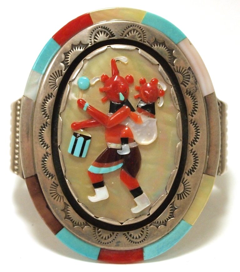 Vintage Old Pawn Zuni Multi-Stone Inlay Mud Head: Vintage Old Pawn Zuni Multi-Stone Inlay Mud Head Sterling Silver Cuff Bracelet - RCC Measures 5-1/2 around with a 1-1/8" gap, 2-3/4" wide. Stones present: Mother of Pearl, Abalone, Onyx, Coral, Turquo