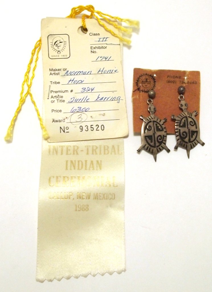 Vintage Old Pawn Hopi Sterling Silver Turtle Post: Vintage Old Pawn Hopi Sterling Silver Turtle Post Earrings w Ribbon - Norman Honie Measure 1-3/4 tall by 7/8" wide. Weight: 9.8g SKU: ea0723"