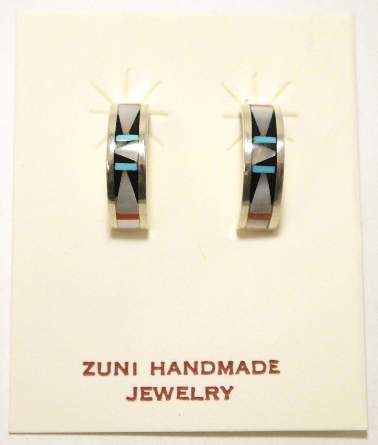 Zuni Multi-Stone Inlay Sterling Silver Half-Ring Post: Zuni Multi-Stone Inlay Sterling Silver Half-Ring Post Earrings - Grace Nyamutowa Measure 5/8" tall by 3/16" wide by 3/8" deep. Stones present: Mother of Pearl, Coral, Turquoise, Onyx. Weight: 1.8g SKU