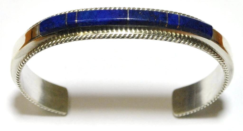 Navajo Lapis Lazuli Inlay Sterling Silver Cuff Bracelet: Navajo Lapis Lazuli Inlay Sterling Silver Cuff Bracelet - Fran Yazzie Measures 5-1/4" around with a 1-1/4" gap, 3/8" wide. Weight: 21.8g SKU: br0070
