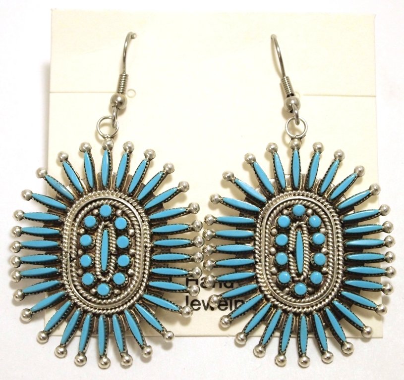 Zuni Turquoise Needlepoint Sterling Silver French Hook: Zuni Turquoise Needlepoint Sterling Silver French Hook Earrings - Eva Booqua Measure 2-3/8" tall by 1-3/8" wide. Weight: 13.2g SKU: ea0618