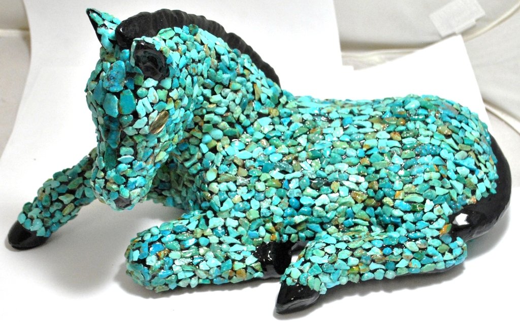 Navajo Turqouise Stone over Black Glazed Pottery Horse: Navajo Turqouise Stone over Black Glazed Pottery Horse with Abalone Eyes Measures 8 tall by 14" wide by 7" deep. SKU: pt0188"