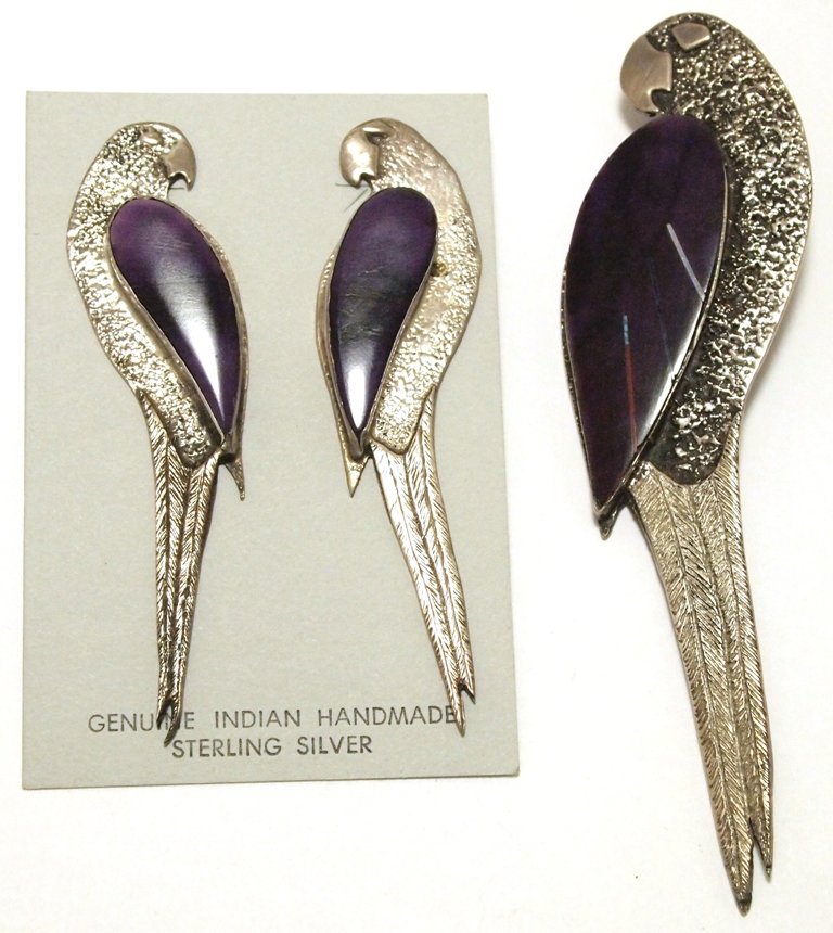 Old Pawn Zuni Sugilite Sterling Silver Macaw Pendant &: Old Pawn Zuni Sugilite Sterling Silver Macaw Pendant & Earrings Set - L Elk Pendant/pin measures 4-5/8 tall by 1-1/4" wide. Bale opening measures 1/4" and is left open on the bottom to slide over a ch