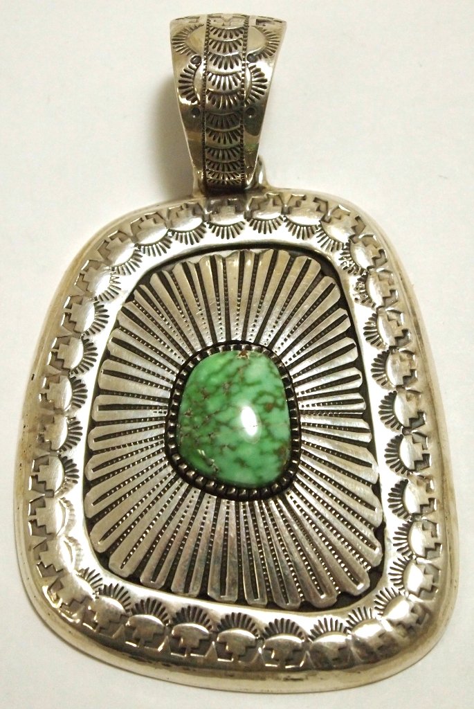 Old Pawn Navajo Carico Lake Turquoise Sterling Silver: Old Pawn Navajo Carico Lake Turquoise Sterling Silver Pendant - Larry Martinez Chavez Measures 3-1/8 tall by 2" wide including bale. Bale opening measures 5/8". Weight: 63g SKU: pp0880"