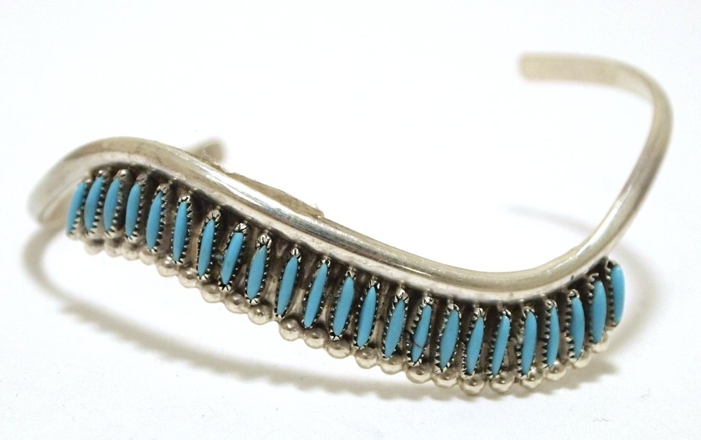 Zuni Turquoise Needlepoint Sterling Silver Curved Cuff: Zuni Turquoise Needlepoint Sterling Silver Curved Cuff Bracelet - Lorna Mahkee Measures 5 around with a 1-1/8" gap, 3/8" wide. Weight: 7.8g SKU: br1838"