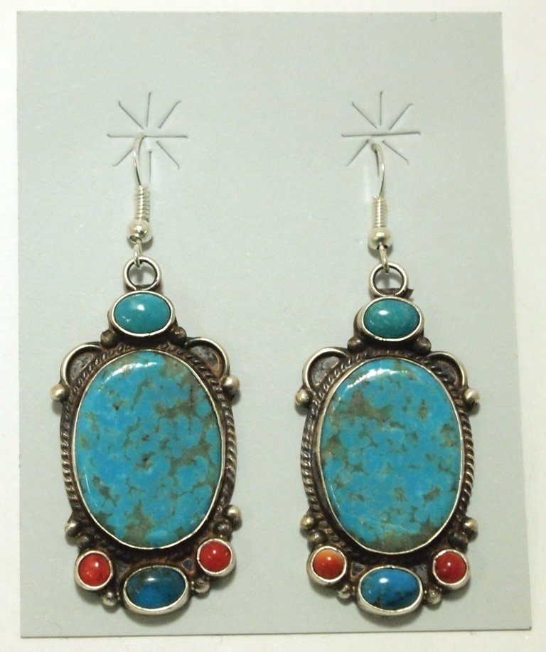 Navajo Coral & Turquoise Sterling Silver French Hook: Navajo Coral & Turquoise Sterling Silver French Hook Earrings - Dean Brown Measure 2-1/4 tall by 7/8" wide. Weight: 15g SKU: ea0819"