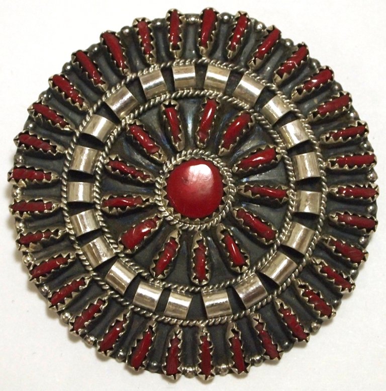 Navajo Coral Needlepoint Sterling Silver Pendant & Pin: Navajo Coral Needlepoint Sterling Silver Pendant & Pin - Violet Begay Measures 1-7/8 in diameter. Bale opening measures 3/16". Pin on back measures 1-1/8". Weight: 11.6g SKU: pp0894"