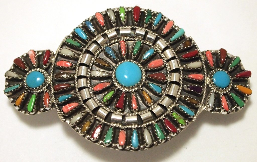Navajo Multi-Stone Needlepoint Sterling Silver Hair: Navajo Multi-Stone Needlepoint Sterling Silver Hair Barrette - Violet Begay Measures 2 tall by 3-1/4" wide. Stones present: Malachite, Shell, Lapis Lazuli, Sugilite, Coral, Turquoise, Gaspeite, Green
