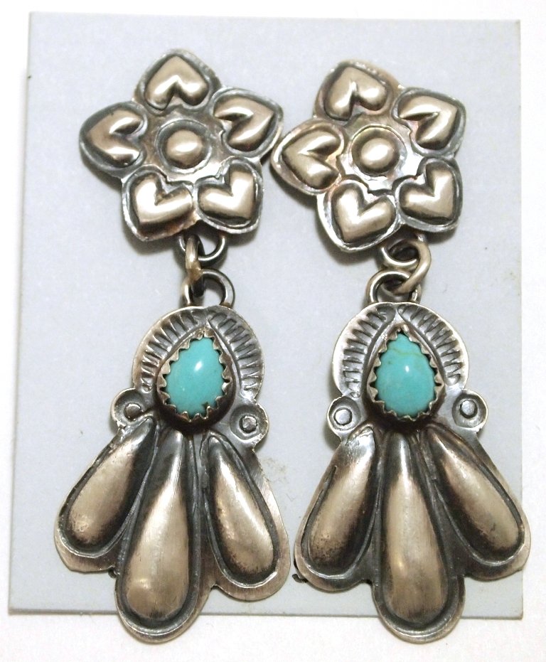 Navajo Turquoise Sterling Silver Post Earrings - Tim: Navajo Turquoise Sterling Silver Post Earrings - Tim Yazzie Measure 1-7/8 tall by 3/4" wide. Weight: 6.6g SKU: ea0537"