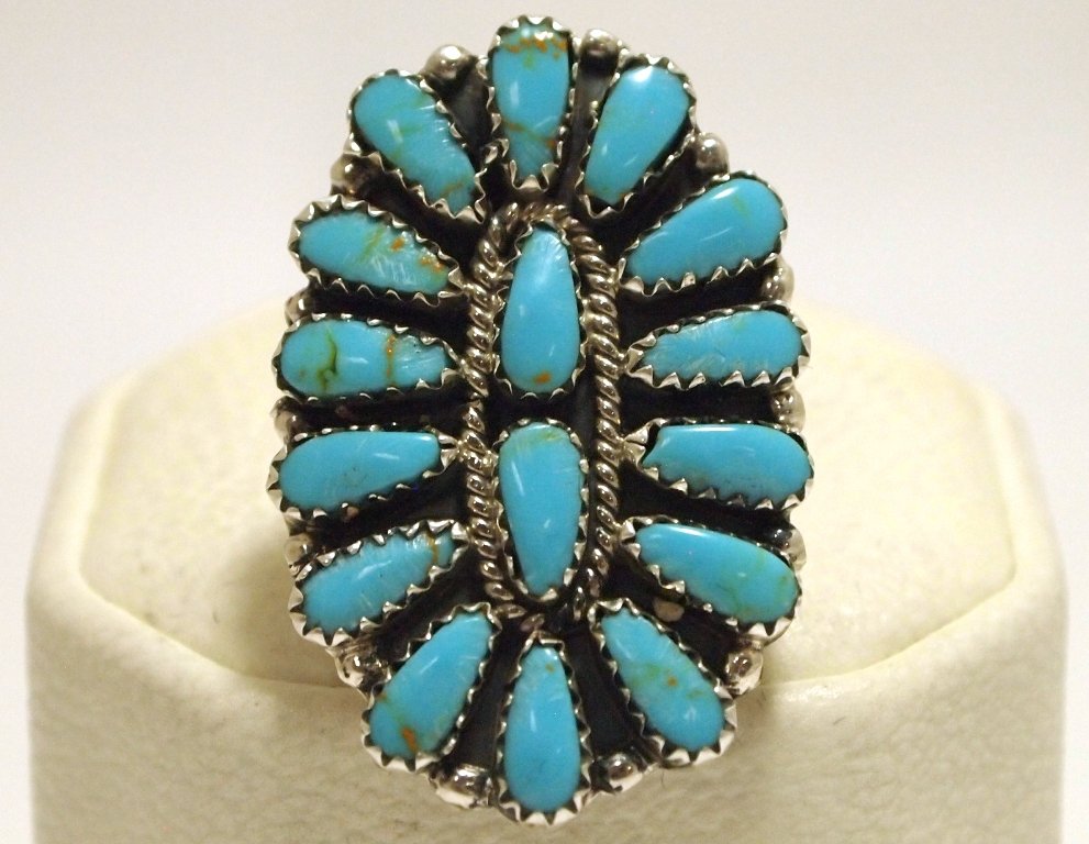 Navajo Turquoise Cluster Sterling Silver Women's Ring -: Navajo Turquoise Cluster Sterling Silver Women's Ring - Juliana Williams Face measures 1-3/8 tall by 1" wide/around. Band measures 1/8" wide. Size(s) available: 5.5, 7, 8, 8.25, 9.25. Note: Ring/stone