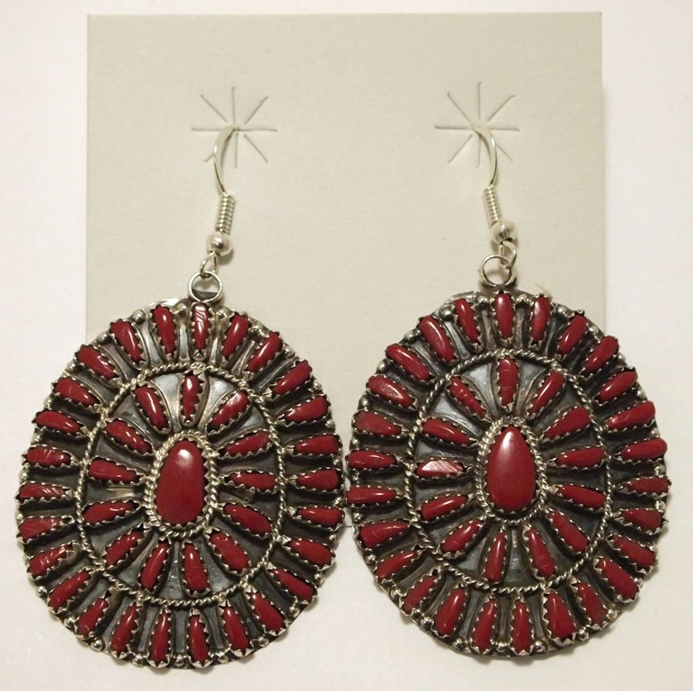 Navajo Coral Needlepoint Sterling Silver French Hook: Navajo Coral Needlepoint Sterling Silver French Hook Earrings - Violet Begay Measure 2-3/8 tall by 1-1/2" wide. Weight: 17.4g SKU: ea0832"