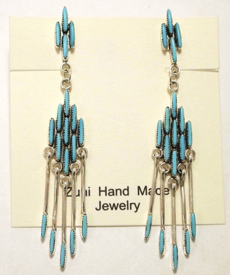 Zuni Turquoise Needlepoint Sterling Silver Post: Zuni Turquoise Needlepoint Sterling Silver Post Earrings - Tyler Lastiyano Measure 2-7/8 tall by 3/8" wide. Weight: 7.3g SKU: ea0714"