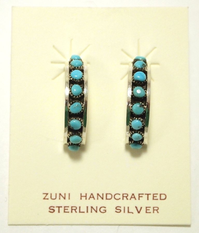 Zuni Turquoise Dot Sterling Silver Half-Ring Post: Zuni Turquoise Dot Sterling Silver Half-Ring Post Earrings - Lois Tzuni Measure 7/8 tall by 3/16" wide by 1/2" deep. Weight: 3g SKU: ea0771"