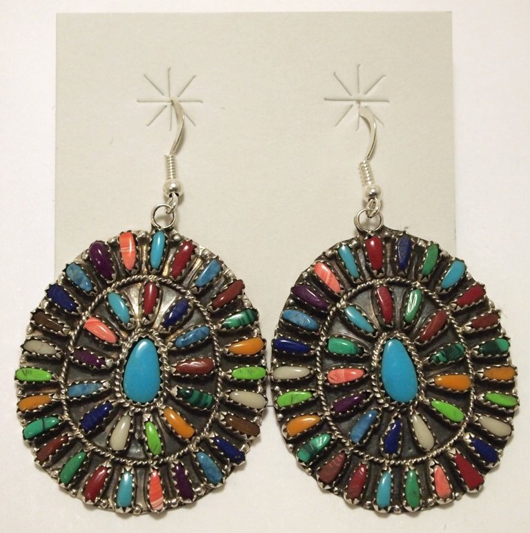 Navajo Multi-Stone Needlepoint Sterling Silver French: Navajo Multi-Stone Needlepoint Sterling Silver French Hook Earrings - Violet Begay Measure 2-3/8 tall by 1-1/2" wide. Stones present: Coral, Turquoise, Green Turquoise, Lapis Lazuli, Spiny Oyster, She
