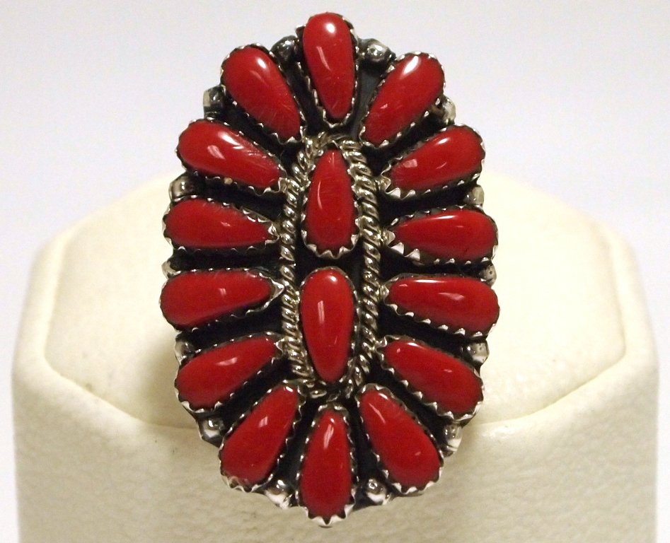 Navajo Coral Cluster Sterling Silver Women's Ring -: Navajo Coral Cluster Sterling Silver Women's Ring - Juliana Williams Face measures 1-3/8 tall by 1" wide. Band measures 1/8" wide. Size(s) available: 6.75, 10. Note: Ring/stones may differ slightly fr