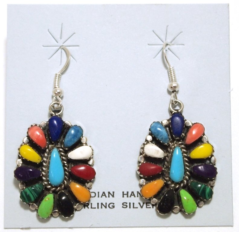Navajo Multi-Stone Cluster Sterling Silver French Hook: Navajo Multi-Stone Cluster Sterling Silver French Hook Earrings - Lisa Williams Measure 1-7/8 tall by 3/4" wide. Weight: 7.9g SKU: ea0520"