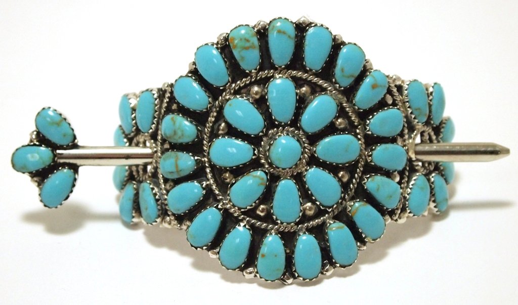 Navajo Turquoise Cluster Sterling Silver Hair Barrette: Navajo Turquoise Cluster Sterling Silver Hair Barrette - Juliana Williams Measures 1-7/8 tall by 2-3/4" wide by 1-1/8" deep excluding pin. Pin measures 3/4" wide by 3-3/4" long. Weight: 28g SKU: hb001