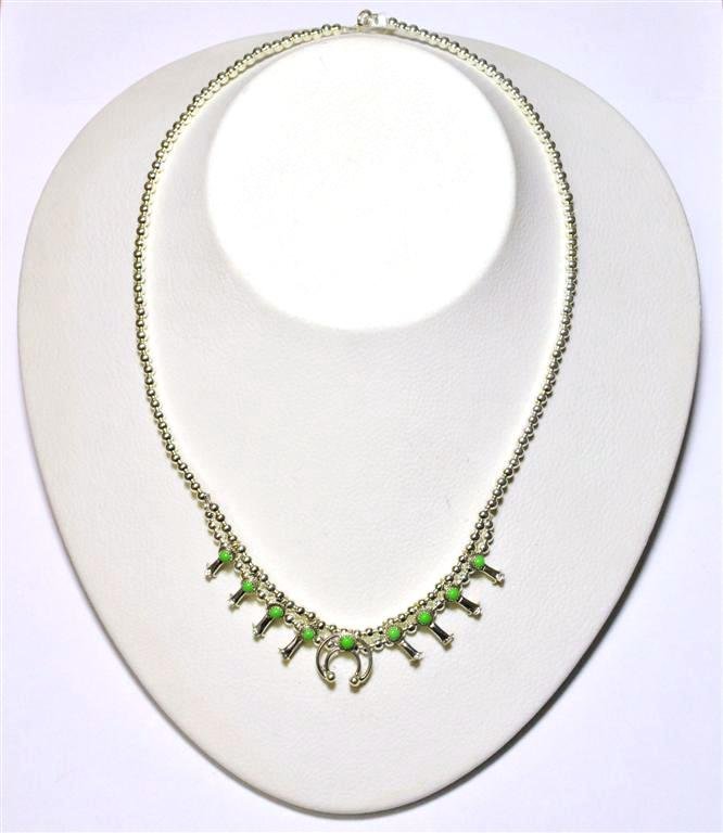Navajo Green Turquoise Sterling Silver Mini Squash: Navajo Green Turquoise Sterling Silver Mini Squash Blossom Necklace - Larry Curley Measures 17" around. Naja measures 1/2" tall by 1/2" wide. Weight: 13.7g