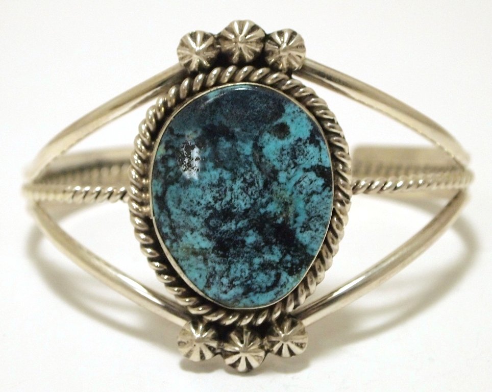 Old Pawn Navajo Pilot Mountain Turquoise Sterling: Old Pawn Navajo Pilot Mountain Turquoise Sterling Silver Cuff Bracelet - Julia Etcitty Measures 5-5/8 around with a 1-1/4" gap, 1-7/8" wide. Stone measures 1-1/8" tall by 7/8" wide. Weight: 35.1g SKU: