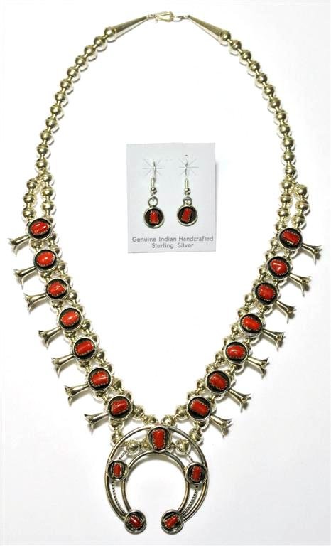Navajo Coral Large Necklace & Earrings Set - Phil &: Navajo Coral Large Necklace & Earrings Set - Phil & Lenore Garcia Measures 20 around. Naja measures 2" tall by 1-7/8" wide. Weight: 61.1g. Earrings measure 1-1/4" tall by 3/8" wide. SKU: se0018"