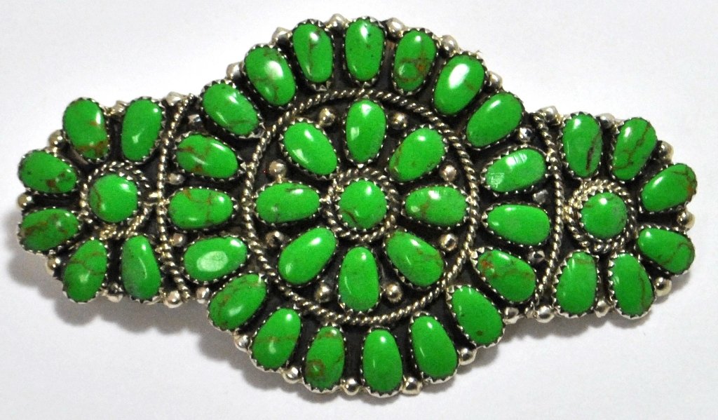 Navajo Green Turquoise Cluster Sterling Silver Hair: Navajo Green Turquoise Cluster Sterling Silver Hair Barrette - Juliana Williams Measures 2 tall by 3-1/2" wide. Barrette on back measures 2" long. Weight: 24.5g SKU: hb0020"