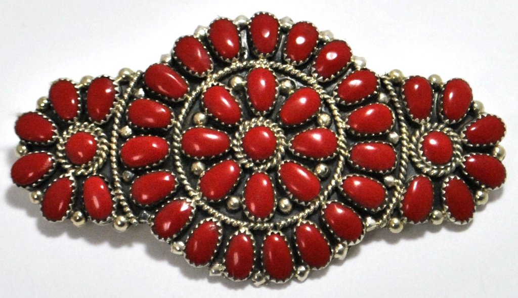 Navajo Coral Cluster Sterling Silver Hair Barrette -: Navajo Coral Cluster Sterling Silver Hair Barrette - Juliana Williams Measures 2 tall by 3-1/2" wide. Barrette on back measures 2" long. Weight: 23.7g SKU: hb0022"