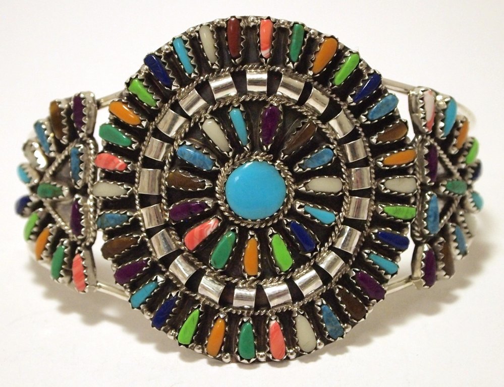 Navajo Multi-Stone Needlepoint Sterling Silver Cuff: Navajo Multi-Stone Needlepoint Sterling Silver Cuff Bracelet - Violet Begay Measures 5-1/2 around with a 1-1/2" gap, 1-7/8" wide. Stones present: Malachite, Shell, Lapis Lazuli, Sugilite, Coral, Turqu
