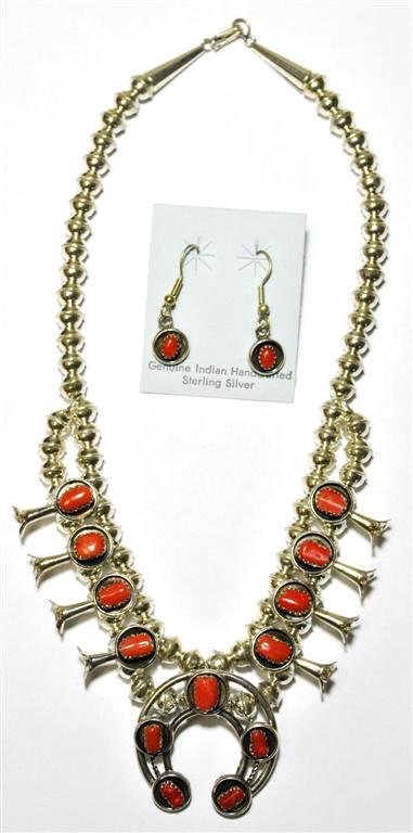 Navajo Coral Small Necklace & Earrings Set - Phil &: Navajo Coral Small Necklace & Earrings Set - Phil & Lenore Garcia Measures 17 around. Naja measures 1-1/2" tall by 1-1/2" wide. Weight: 47.2g. Earrings measure 1-3/8" tall by 3/8" wide. SKU: se0015"