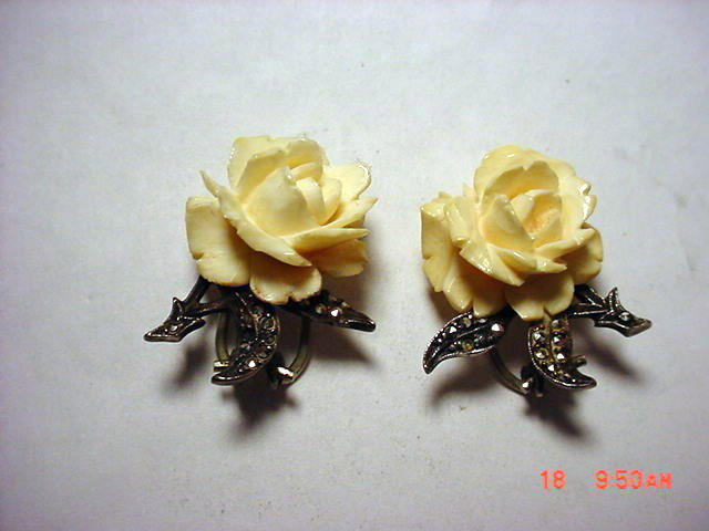 VINTAGE IVORY STERLING MARCASITE EARRINGS: VINTAGE IVORY STERLING MARCASITE EARRINGS