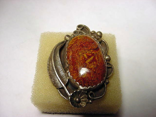 LARGE SIGNED NAVAJO SILVER RED STONE RING: LARGE SIGNED NAVAJO SILVER RED STONE RING