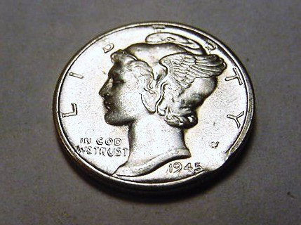 1945-D MERCURY DIME CLIPPED PLANCHET ERROR GEM B.U.: 1945-D MERCURY DIME CLIPPED PLANCHET ERROR GEM B.U.